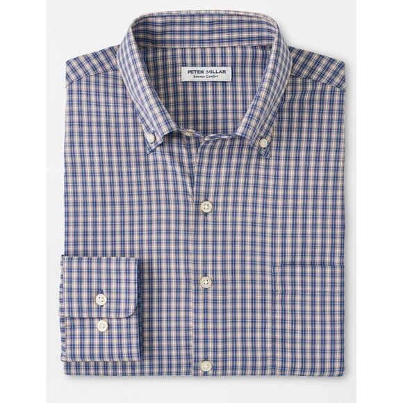 PETER MILLAR Shirt Mens Medium Blue Check Summer Comfort Prairie Performance - Picture 2 of 11